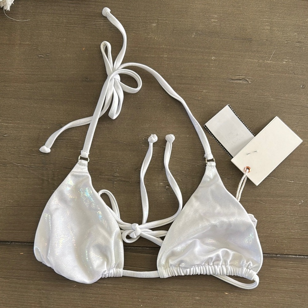 Good American White Shimmer Triangle Bikini Top NWT